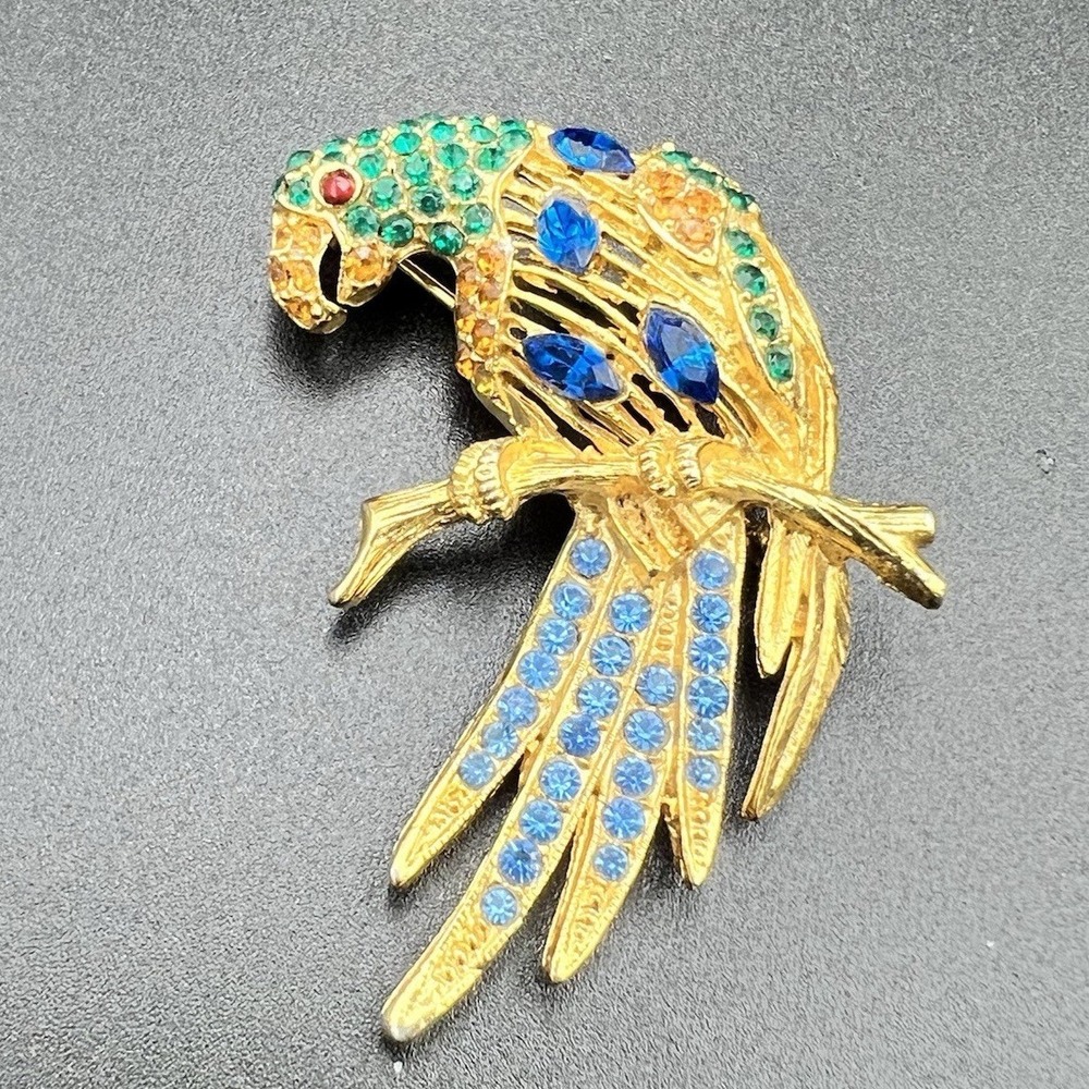 Vtg Gold Tone Multi Color Rhinestone Parrot Bird Brooch Pin 2.25" Tropical 90s